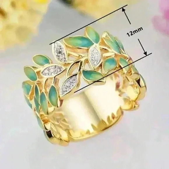 New 18k Yellow Gold Over Sterling Silver White Sapphires Ivy Leaf Band R… - Picture 2 of 6